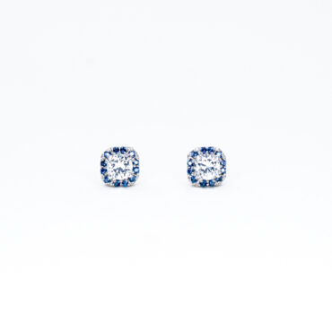 Small Square Halo Stud Earrings - White, Sapphire Blue
