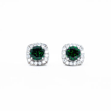 Large Square Halo Stud Earrings - White, Emerald Green