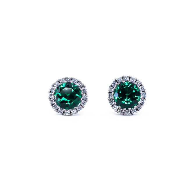 Grande Round Halo Stud Earrings - Xanh Emerald, Trắng